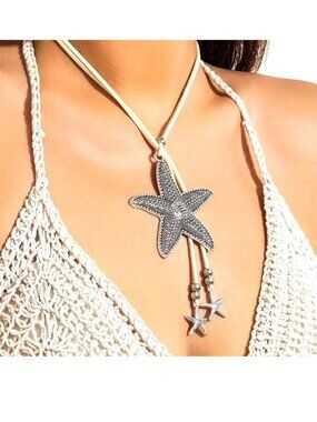 Starfish Beach Leather Necklace Dangle Bead Charm Ocean Vacation Boho Adjustable